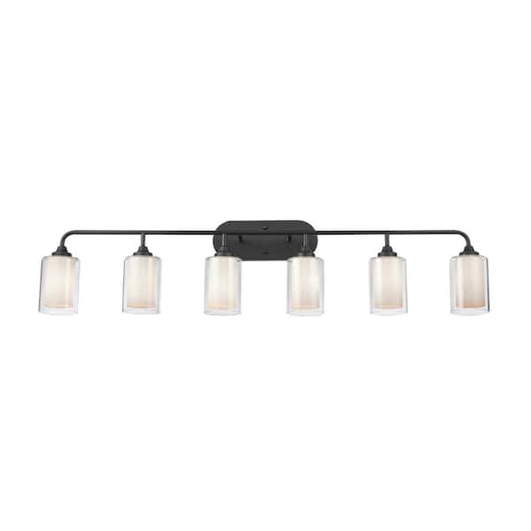 Fairbank 48 in. 6 Light Matte Black, White & Clear Vanity Light with White Glass Shade