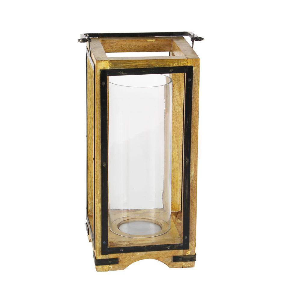 Elegant Wood and Glass Hurricane Candle Lantern, 26" Brown