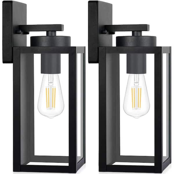 Exterior Waterproof Modern Matte Black Metal Outdoor Wall Lanterns with Glass Shades, 2-Pack