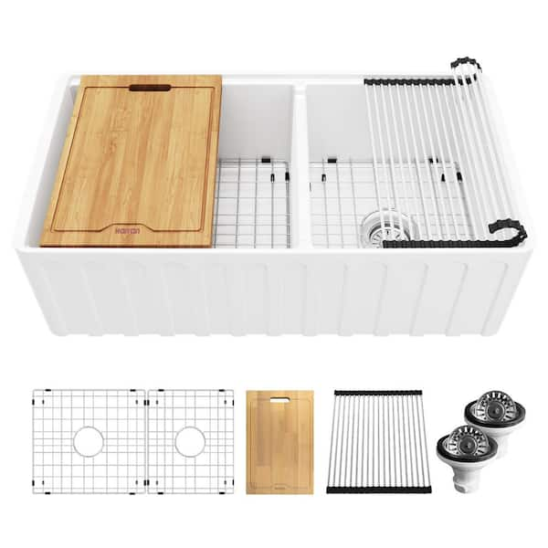 Fireclay 33 in. Farmhouse/Apron-Front Double Bowl White Gloss Fireclay Workstation Kitchen Sink with Reversible Front