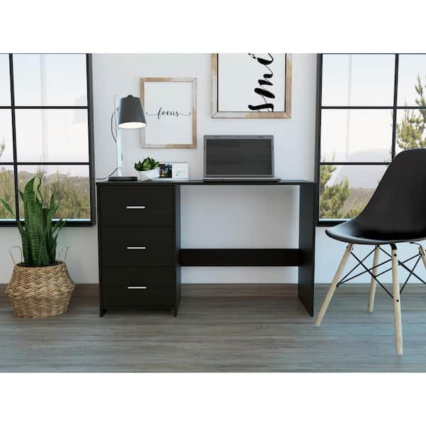 Modern Solid Wood Computer Desks Office Table with PC Droller Storage Shelves and File Cabinet Small Study Writing Desk - Black