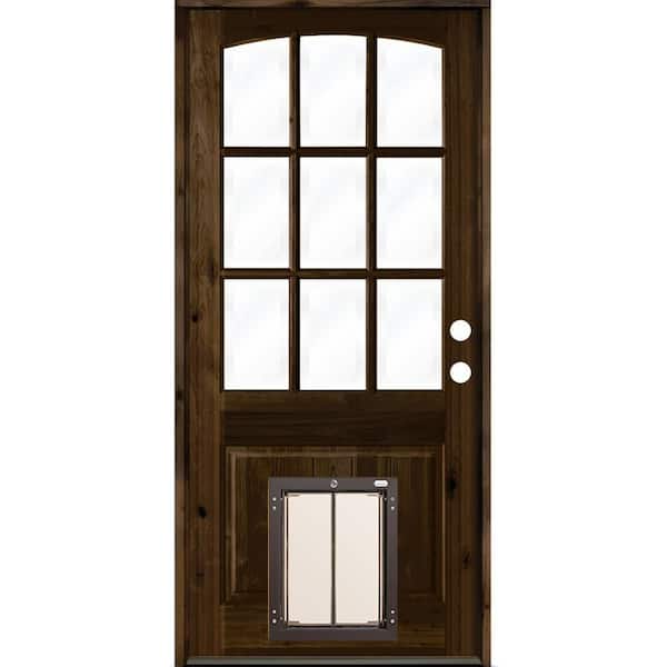 Krosswood Doors 36 in. x 80 in. Left Hand Arch Top 9-Lite Clear Glass Black Stained Wood Prehung Door with Large Dog Door