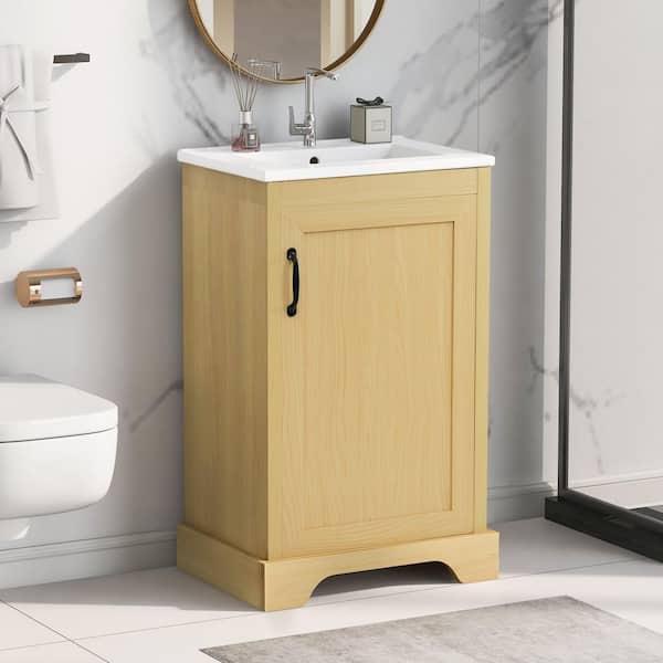 20 in. Natural Wood Bath Vanity with White Ceramic Top, Soft Closing Door, Adjustable Shelve