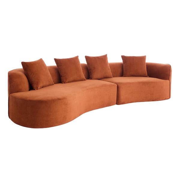 126 in. 2-Piece Fabric Curved Sectional Sofa in Dark Orange with 4 Pillows, High-Density D28 Full Foam