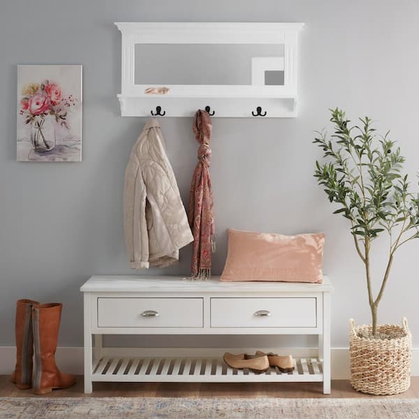 StyleWell 18 in. H x 36 in. W x 6.1 in. D White Wood Floating Decorative Wall Shelf with Mirror and Hooks