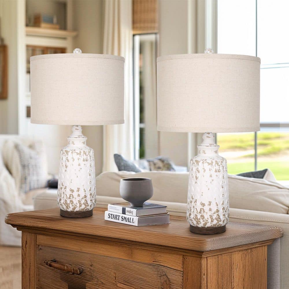 Uixe 22.5 in. Ivory white Resin Poly Table Lamp Set USB Port For
