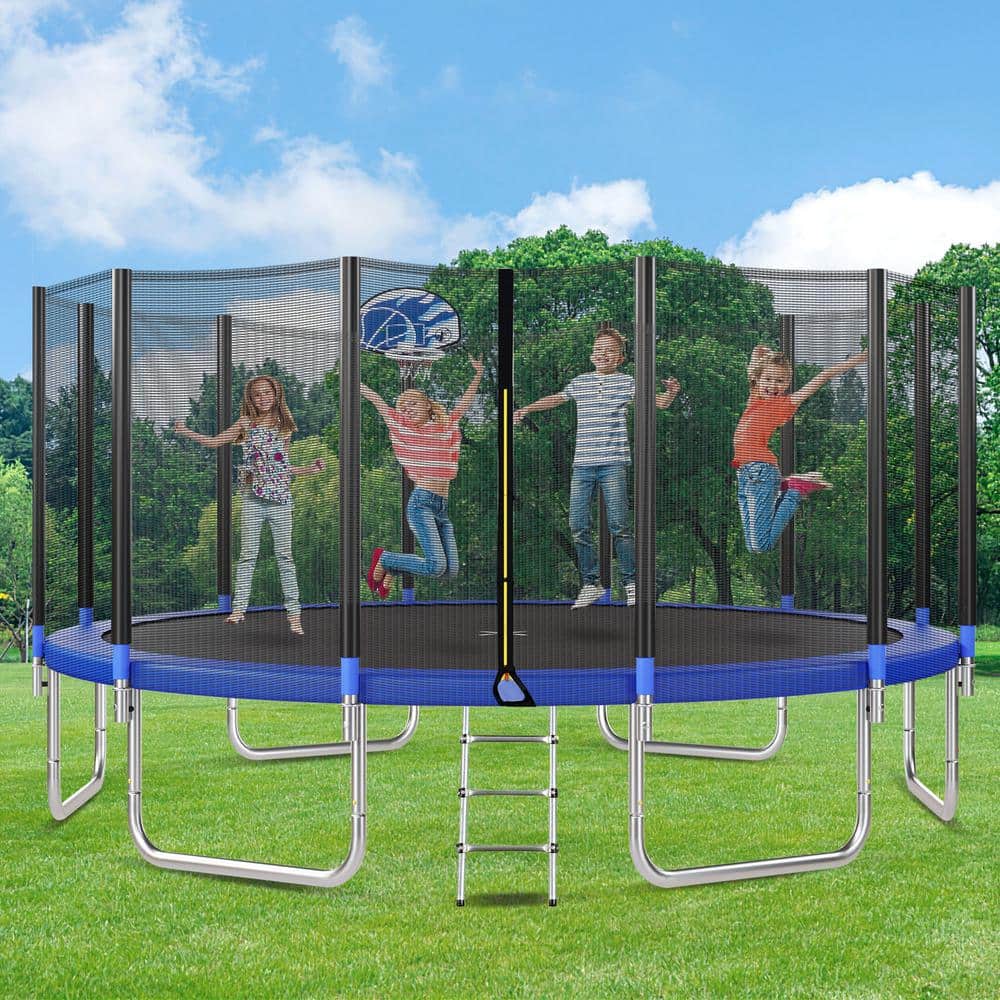 16FT Blue Round Outdoor Trampoline with Basketball Hoop