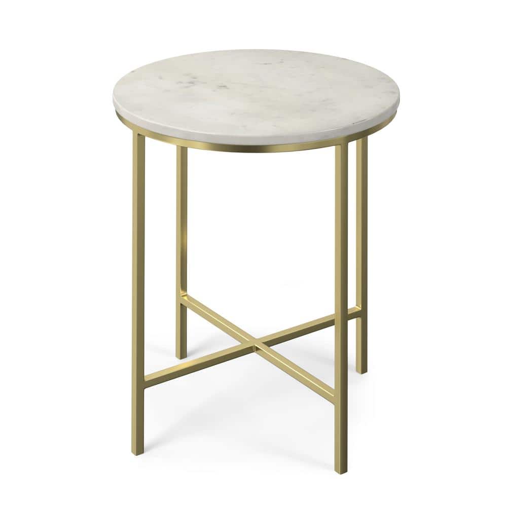 Gold Metal and White Marble Round Side Table, 16 inch