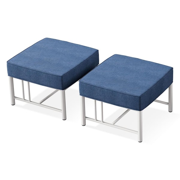 Minimalism Metal White Outdoor Patio Ottoman with Blue Cushions (2-Pack)