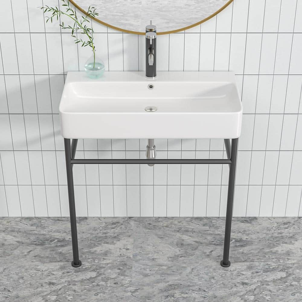 Sarlai 32 In. Ceramic White Single Bowl Console Sink Basin And Black 