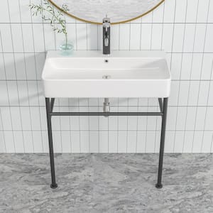 32 in. Ceramic White Single Bowl Console Sink Basin and Black Leg Combo with Overflow