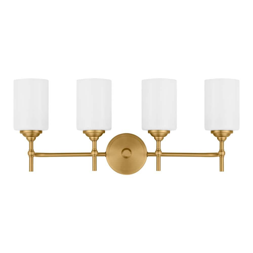 Home Decorators Collection Ayelen 4-Light Matte Brass Modern Bathroom Vanity Light with Opal White Glass