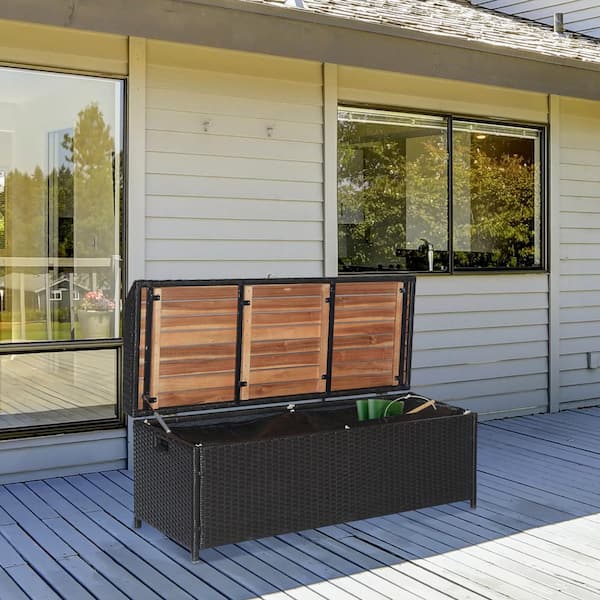 Outsunny Patio Wicker Storage Bench Box, Outdoor PE Rattan Pool Deck Bin