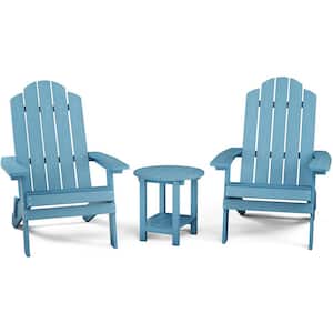 Blue 3-Piece Plastic Folding Adirondack Chair with Side Table