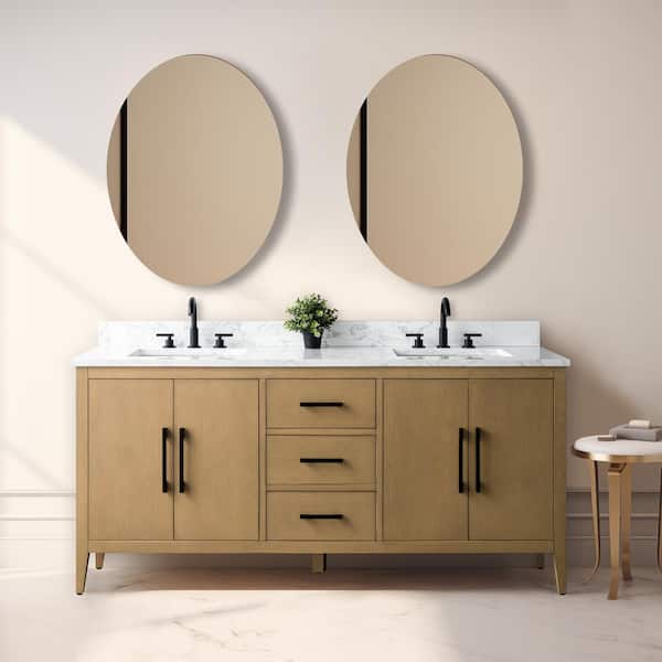 Vanity Art 72 in. W x 22 in. D x 34 in. H Double-Sink Bathroom Vanity in Natural Oak with Engineered Marble Top in Arabescato White