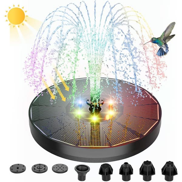 Oyezvary Solar Powered Fountain Pump w/ Upgraded Glass Panel and Color LED Lights for Bird Bath Pond Pool 7 Nozzles and 4 Fixers