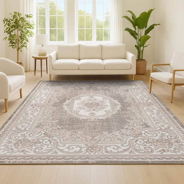 Rosalia Cottage Medallion Gray/Ivory 8 ft. x 10 ft. Area Rug