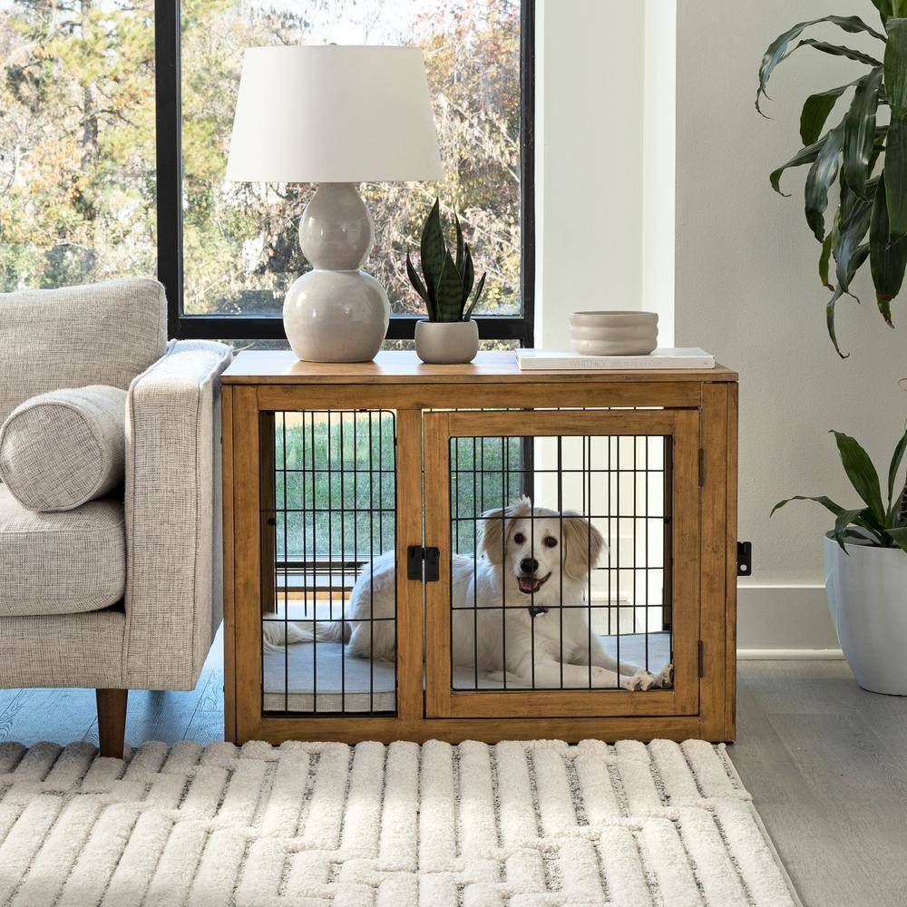 Medium Natural Acacia Wood and Metal Dog Crate Table