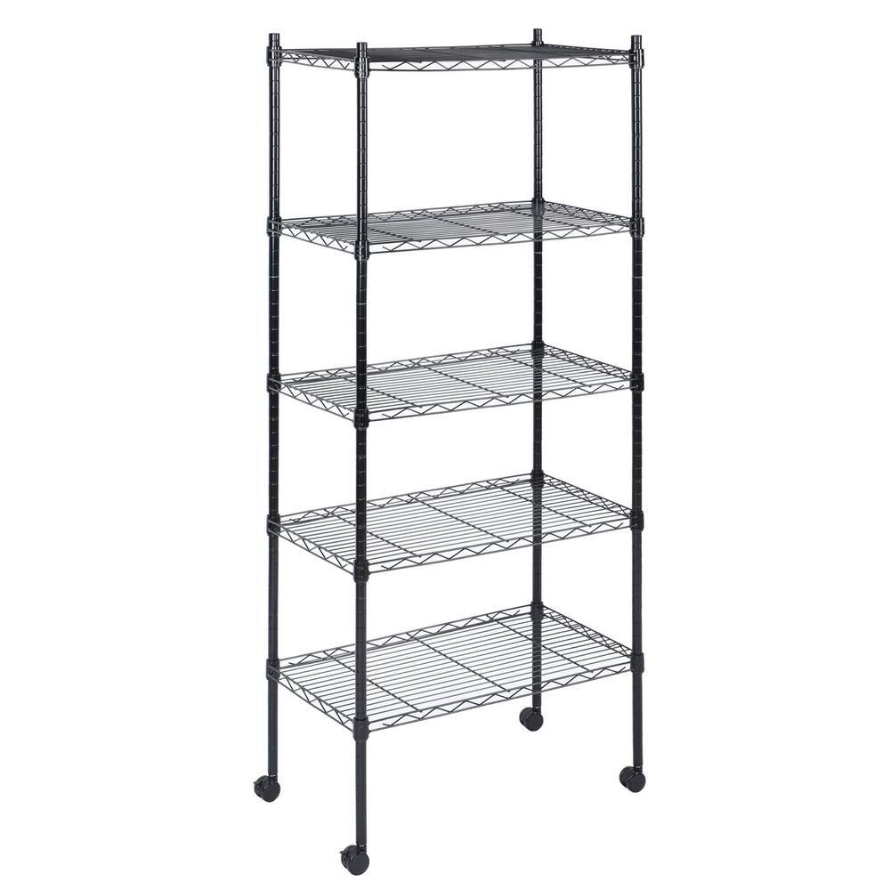 5-Tier Black Heavy Duty Metal Utility Shelves with Wheels & Leveling Feet (