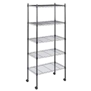 5-Tier Black Heavy Duty Metal Utility Shelves with Wheels & Leveling Feet (30 in. W x 65 in. H x 14 in. D)