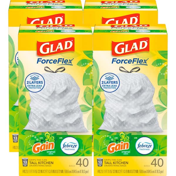 13 Gal. ForceFlex Tall Kitchen Drawstring Gain Original with Febreze Trash Bags (40-Count, 4-Pack)
