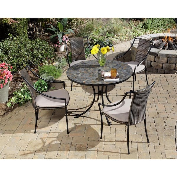 HOMESTYLES Stone Harbor 5-Piece Round Patio Dining Set with Taupe Cushions