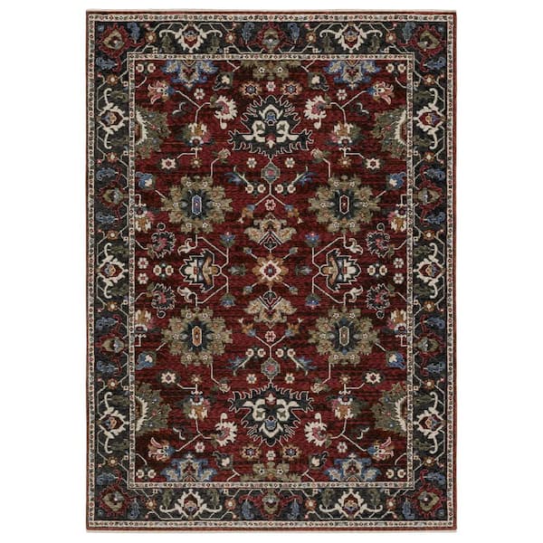 Hunter Red/Multi-Colored 4 ft. x 6 ft. Bordered Oriental Polyester Fringe-Edge Indoor Area Rug