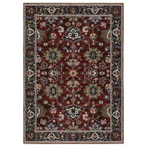 Hunter Red/Multi-Colored 5 ft. x 8 ft. Bordered Oriental Polyester Fringe-Edge Indoor Area Rug
