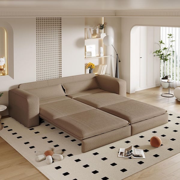 93 in. Brown Polyester Upholstery King Size 3 in 1 Convertible Sofa Bed, Pull Out Sofa with 2 Lumbar Pillows, Camel