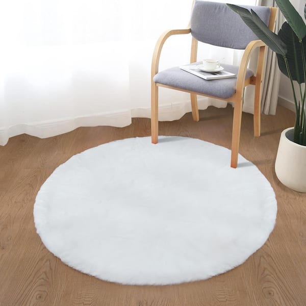 White 3 ft. x 3 ft. Fuzzy Faux Rabbit Fur Rug Plush Fluffy Rug Round Area Rug