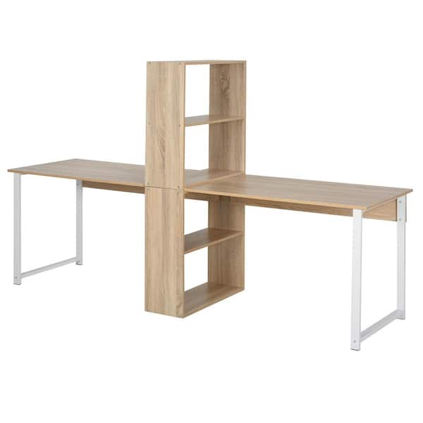 HOMCOM 88.25 in. in Natural/White Double Writing Computer Desk with Storage Shelf