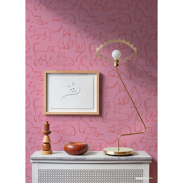Cat Poses Pink Peel and Stick Wallpaper