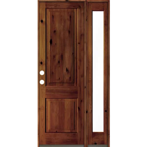 Krosswood Doors 46 in. x 96 in. knotty alder Right-Hand/Inswing Clear Glass Red Chestnut Stain Square Top Wood Prehung Front Door w/RFSL