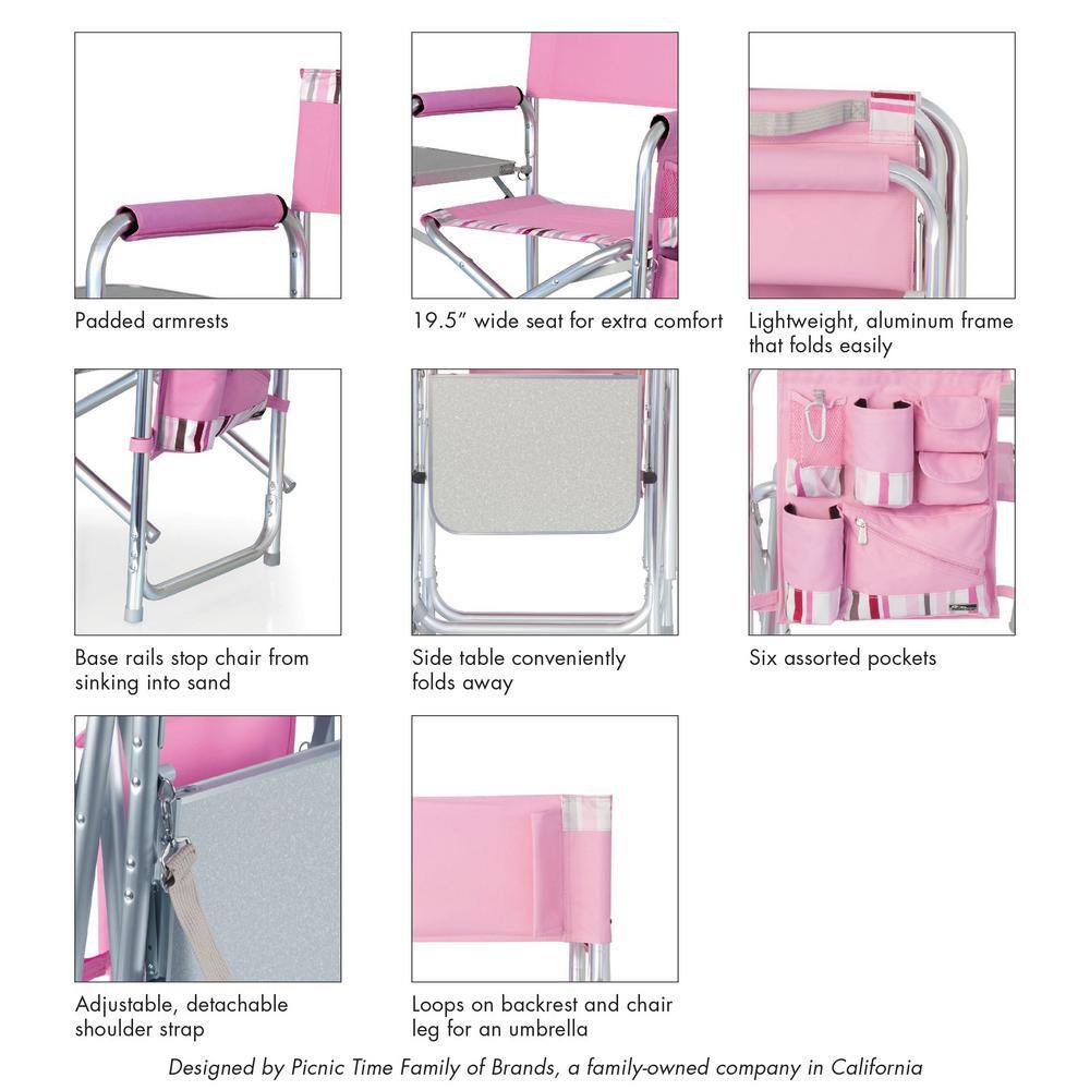 Pink Striped Aluminum Folding Camping Chair with Side Table