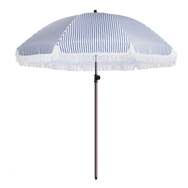 7.5ft Metal Striped Outdoor Beach Umbrella with Tassel in Blue