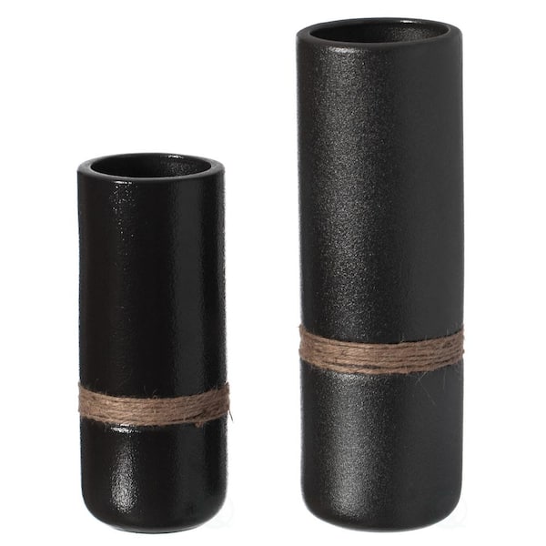 Uniquewise Decorative Modern Ceramic Cylinder Shape Table Vase Flower Holder with Rope, Black Set of 2