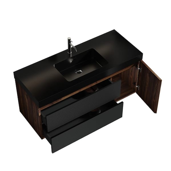 Ziyudura 48 in. Single Sink Floating Walnut Bath Vanity with Black