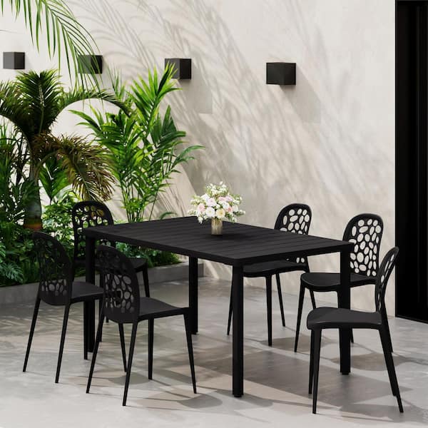 Frond and Form Outdoor Patio Modern 7-Piece Rectangular Steel Table, 6 Stackable HDPE Plastic Chairs Dining Set, Black
