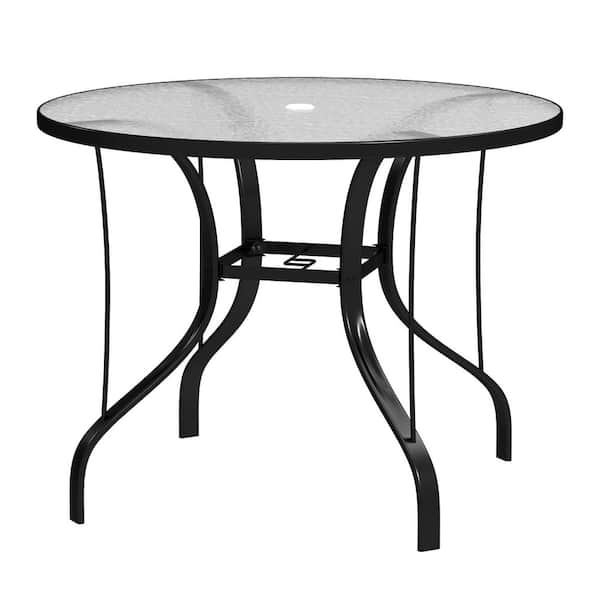 Outsunny 38" Round Patio Table with Umbrella Hole, Outdoor Dining Table Tempered Glass Metal Frame Bistro Table for Deck