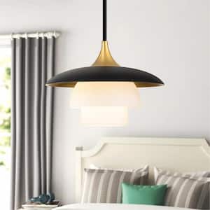 Croner 1-Light Black/Aged Bronze 3 Tiered Shade Metal/Opal Etched Glass Pendant Light for Dining Room Bedroom