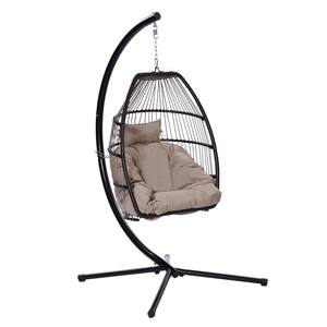 Indoor Outdoor Egg Chair Folding Outdoor Hanging Chair Patio Swing Chair with Stand, Beige Brown Cushion and Pillow