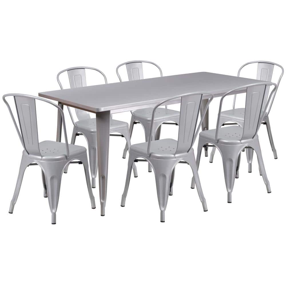 Silver 7-Piece Metal Rectangle Outdoor Bistro Set