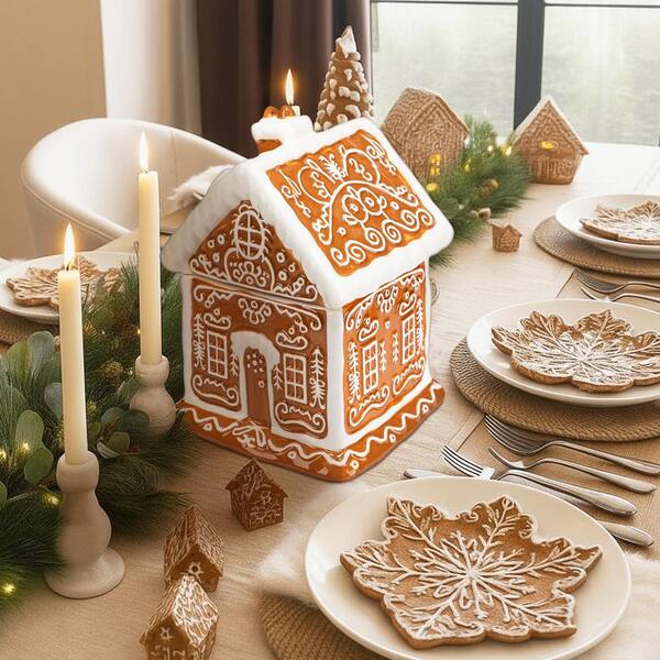 Numhew 1 Piece Brown and White Ceramic 9.3 in. Gingerbread House