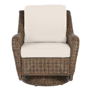 Cambridge Brown Wicker Outdoor Patio Swivel Rocking Chair with CushionGuard Almond Tan Cushions