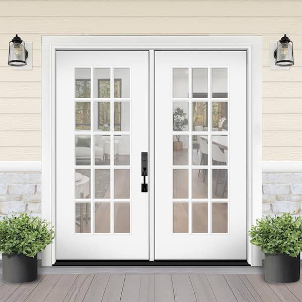 Reliant 64 in. x 80 in. Full Lite 15L-SDL Clear Glass LHIS White Finish Fiberglass Double Prehung Front Door 4 in. Jamb