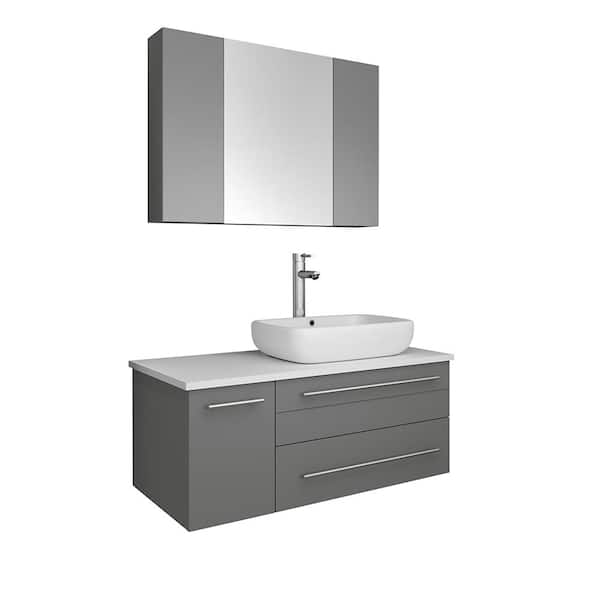 Fresca Lucera 36 in. W Wall Hung Vanity in Gray with Quartz Stone Vanity Top in White with White Basin and Medicine Cabinet