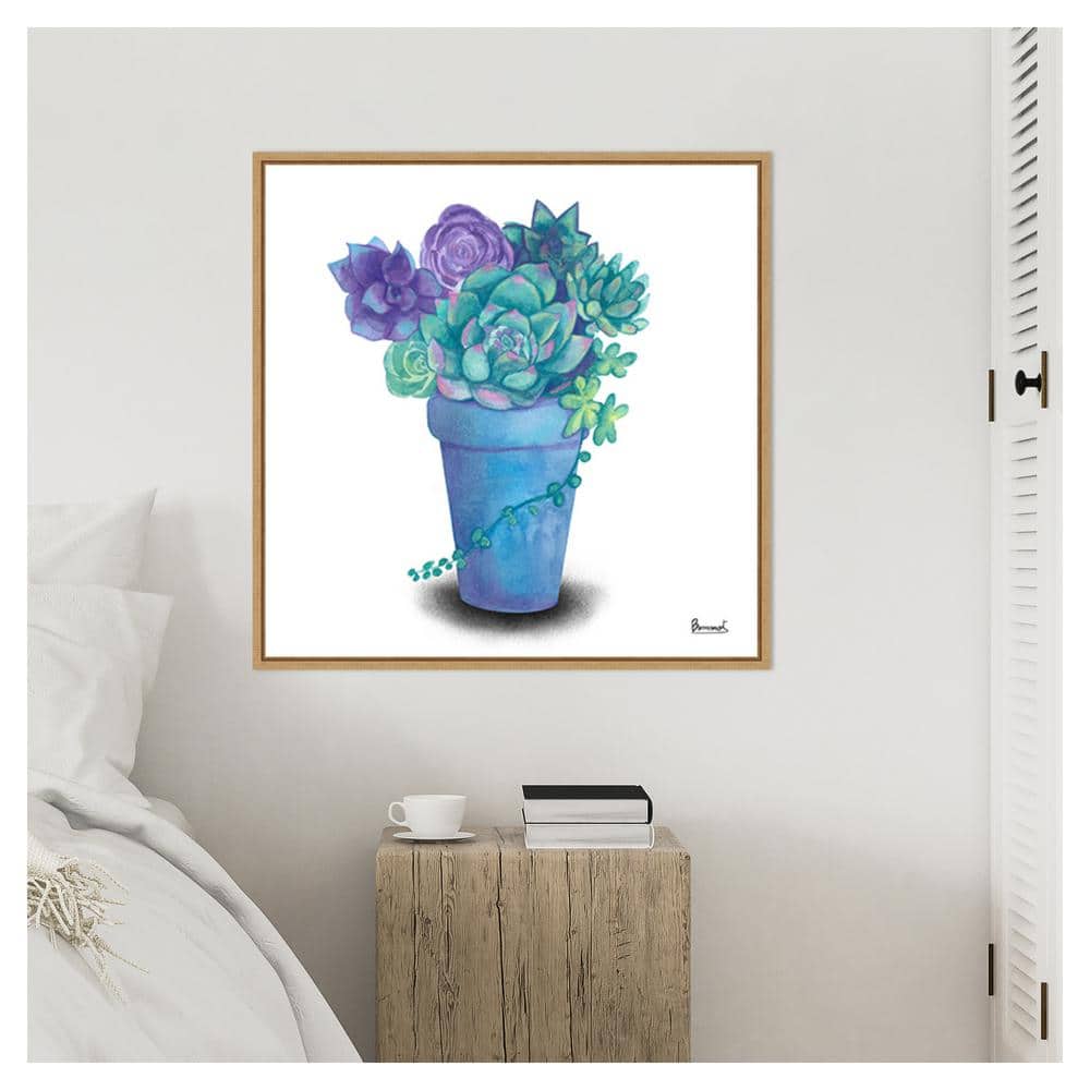 Turquoise and Purple Succulents Canvas Print with Maple Frame