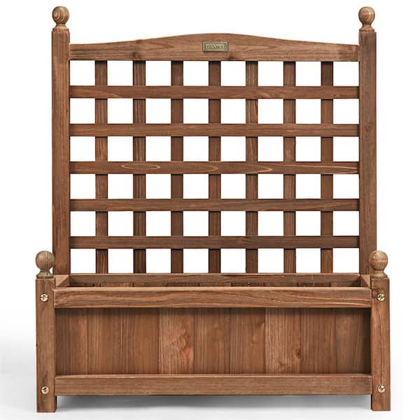 25 in. L x 11 in. W x 30 in. H Set of 2 Outdoor Plant Box Holder with Trellis Dark Brown Fir Wood Raised Garden Bed