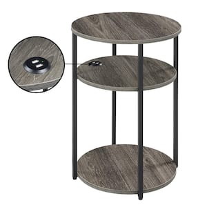 Designs2Go Simon 15.75 in. W Weathered Gray/Black Round Wood 3 Tier End Table with USB Ports