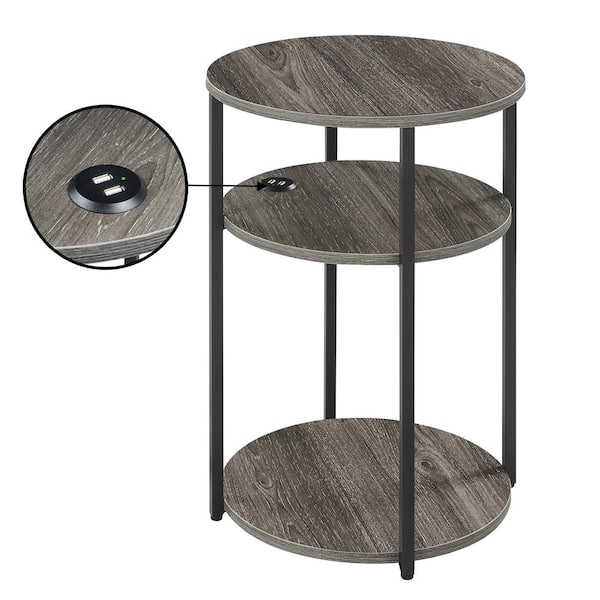 Convenience Concepts Designs2Go Simon 15.75 in. W Weathered Gray/Black Round Wood 3 Tier End Table with USB Ports
